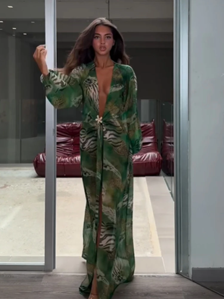 Women Green Tie Waist Long Sleeve Maxi Dress Deep V Lantern Sleeve Flowy Vacation Gown 2026 Seaside Street Holiday Party Outfit