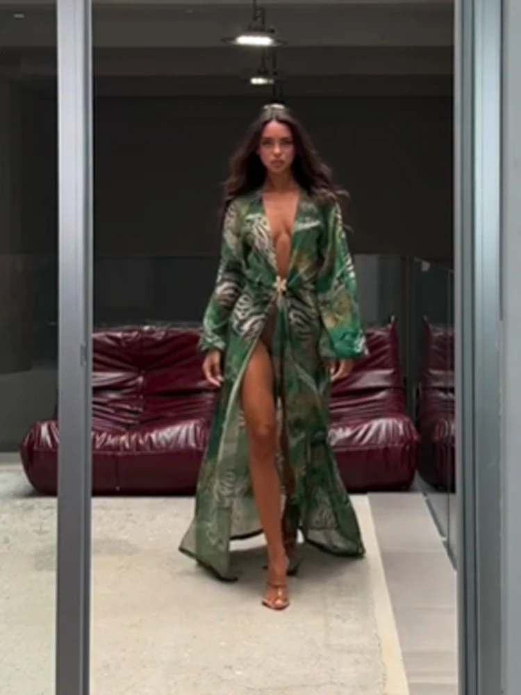Women Green Tie Waist Long Sleeve Maxi Dress Deep V Lantern Sleeve Flowy Vacation Gown 2026 Seaside Street Holiday Party Outfit