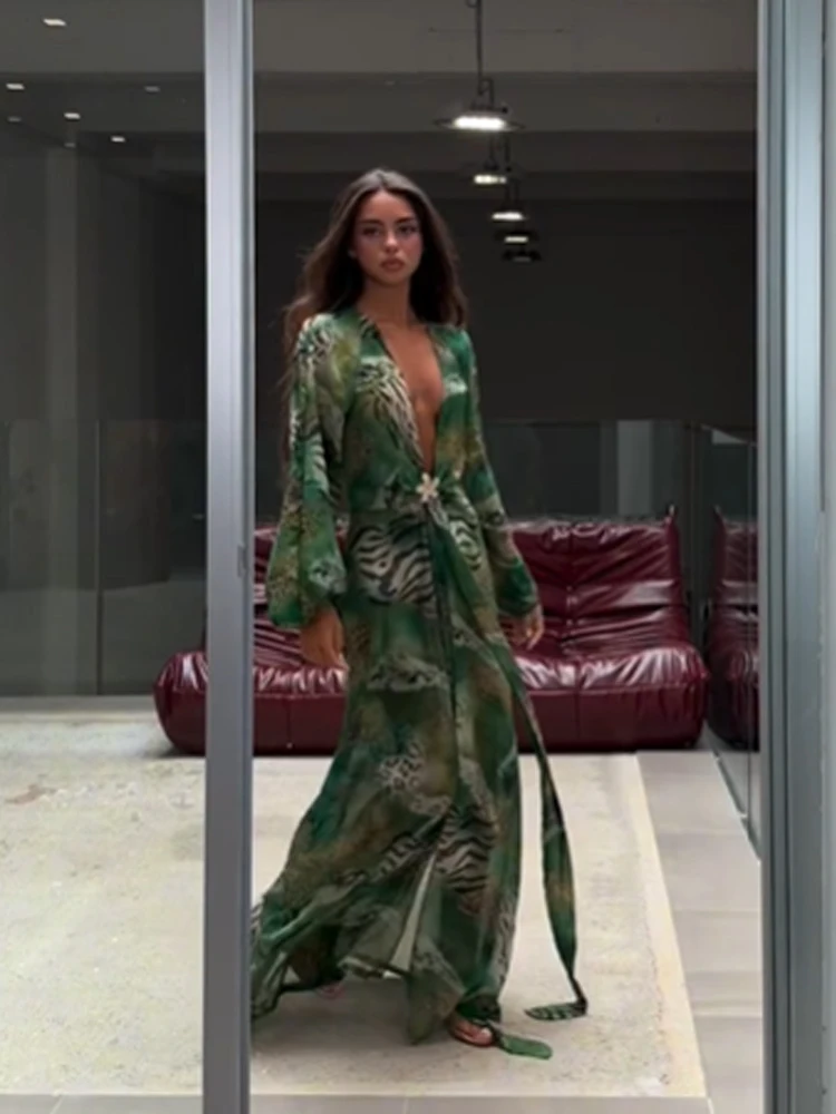Women Green Tie Waist Long Sleeve Maxi Dress Deep V Lantern Sleeve Flowy Vacation Gown 2026 Seaside Street Holiday Party Outfit