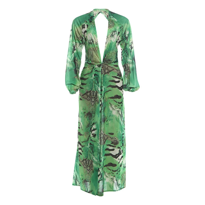 Women Green Tie Waist Long Sleeve Maxi Dress Deep V Lantern Sleeve Flowy Vacation Gown 2026 Seaside Street Holiday Party Outfit