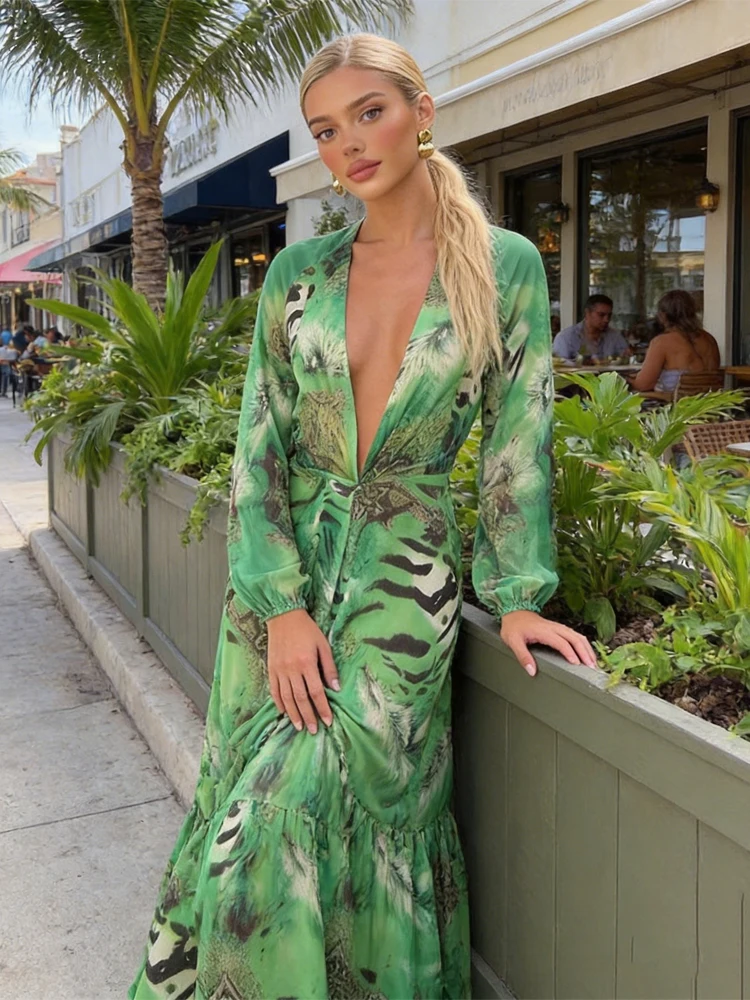 Women Green Tie Waist Long Sleeve Maxi Dress Deep V Lantern Sleeve Flowy Vacation Gown 2026 Seaside Street Holiday Party Outfit