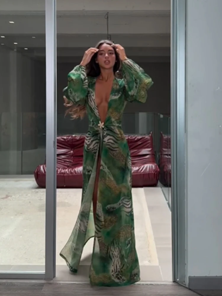 Women Green Tie Waist Long Sleeve Maxi Dress Deep V Lantern Sleeve Flowy Vacation Gown 2026 Seaside Street Holiday Party Outfit