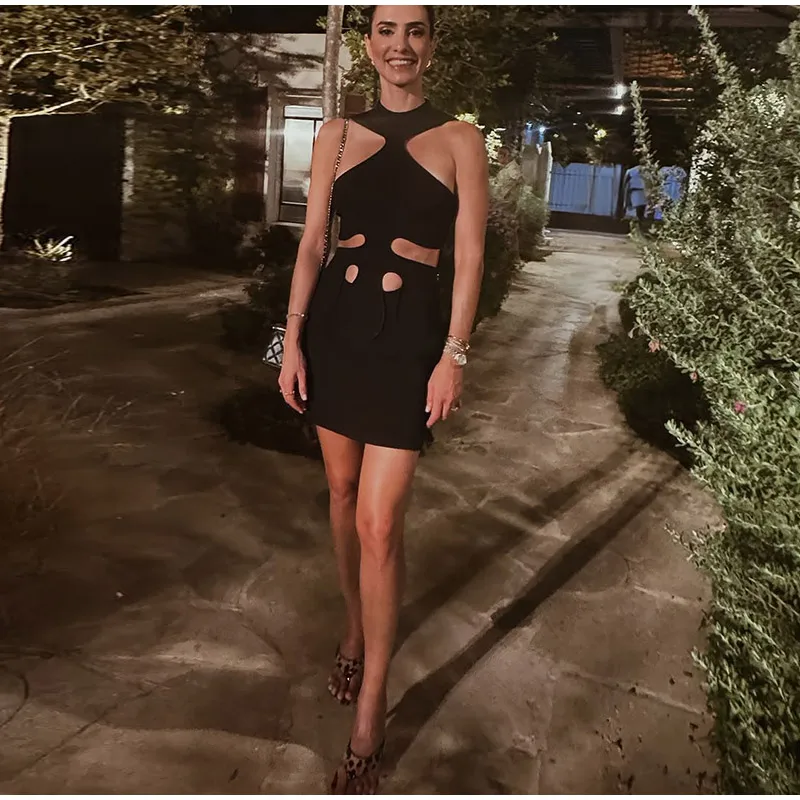 Elegant Halter Women's Dress Sleeveless Hollow Out Hip Package Lady Mini Dresses 2026 Spring Summer Chic Female Robe Holiday