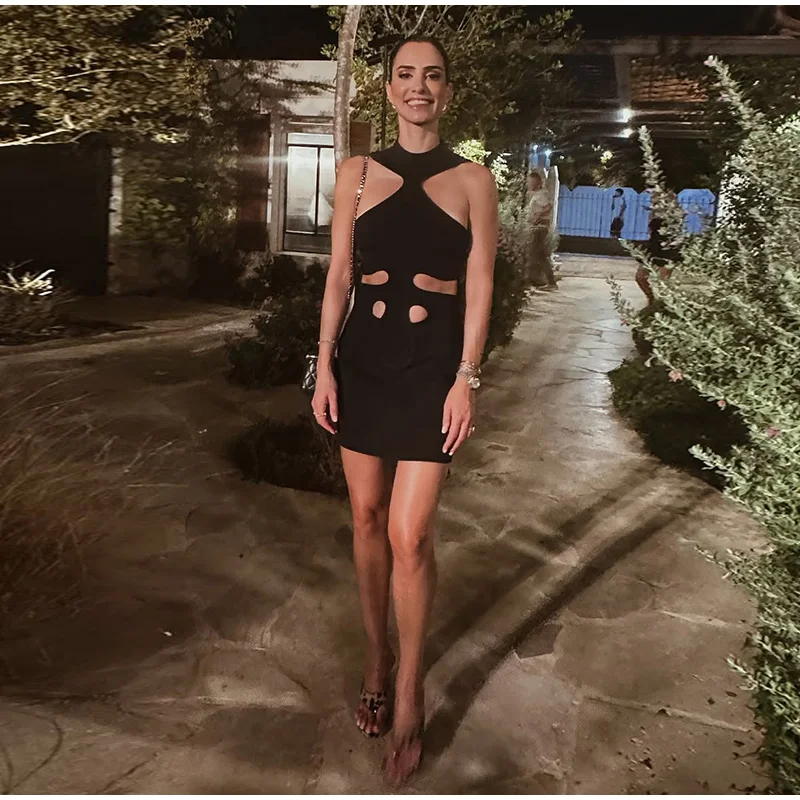 Elegant Halter Women's Dress Sleeveless Hollow Out Hip Package Lady Mini Dresses 2026 Spring Summer Chic Female Robe Holiday