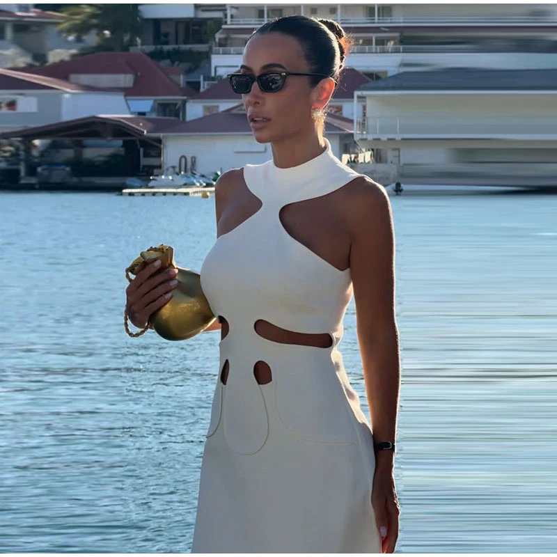 Elegant Halter Women's Dress Sleeveless Hollow Out Hip Package Lady Mini Dresses 2026 Spring Summer Chic Female Robe Holiday