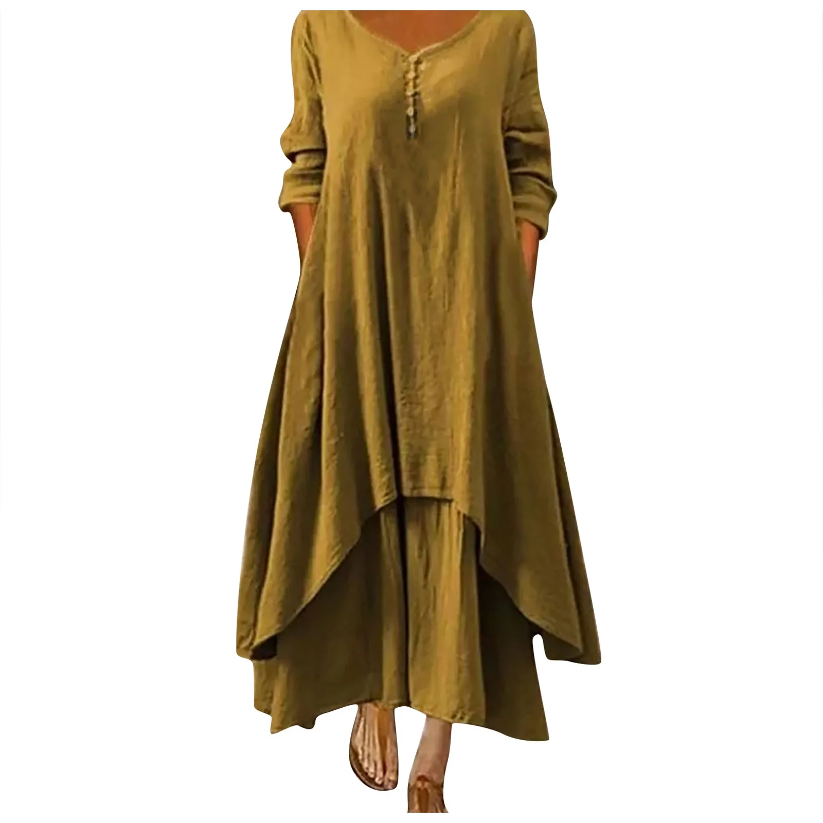 Cotton Women'S Casual Fashion Loose Long Dress With Button Solid Color Dresses