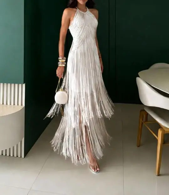 Women Dresses 2026 Spring Summer New Solid Color Temperament Hanging Neck Tassel Design Sleeveless Slim Fit Long Dress