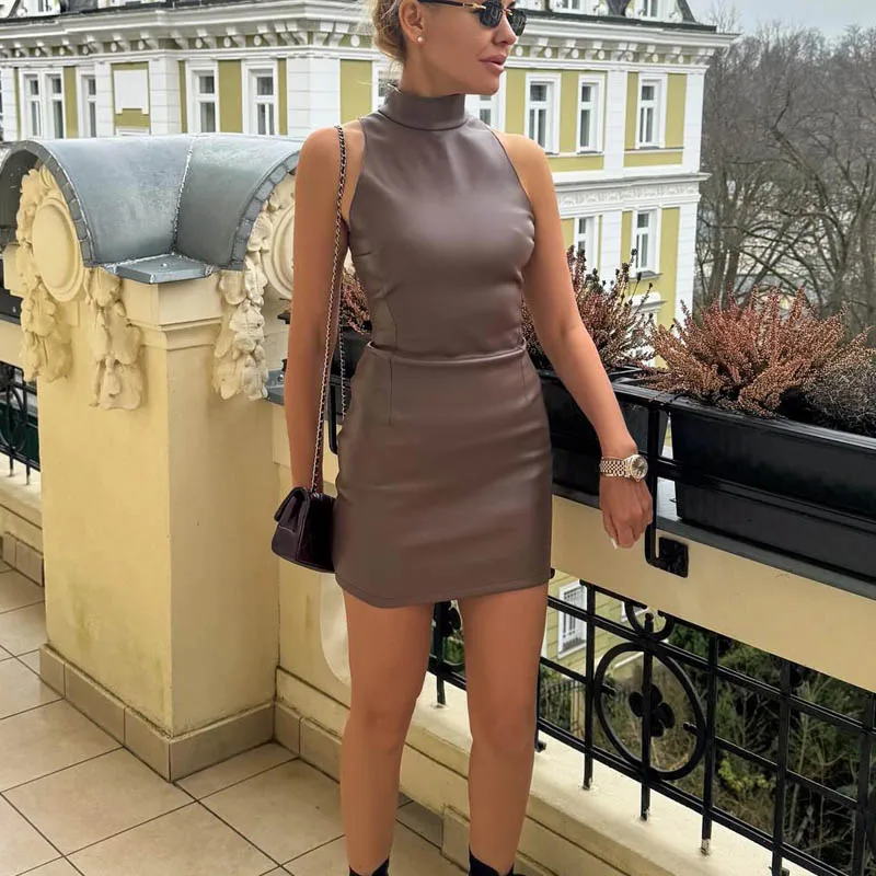 Sexy Burgundy Leather Short Dress Women Slim Turtleneck Sleeveless Hip Package Mini Dresses 2025 Autumn Lady High Waist Vestidos
