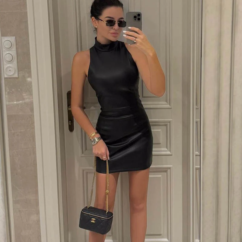 Sexy Burgundy Leather Short Dress Women Slim Turtleneck Sleeveless Hip Package Mini Dresses 2025 Autumn Lady High Waist Vestidos