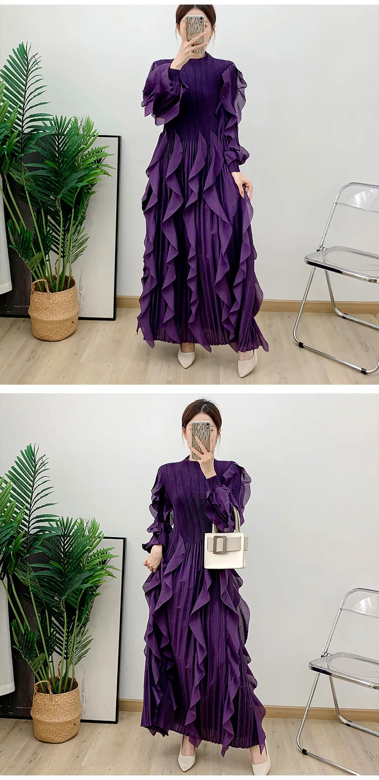 Fashion Ruffles Pleated Dress Women Round Neck Flare Sleeves Solid Maxi Belt Dresses Party 2025 Autumn New