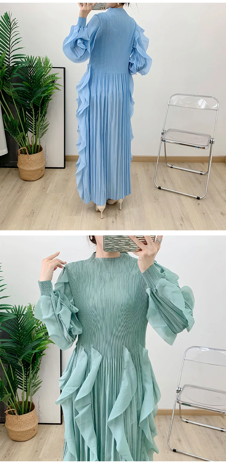 Fashion Ruffles Pleated Dress Women Round Neck Flare Sleeves Solid Maxi Belt Dresses Party 2025 Autumn New