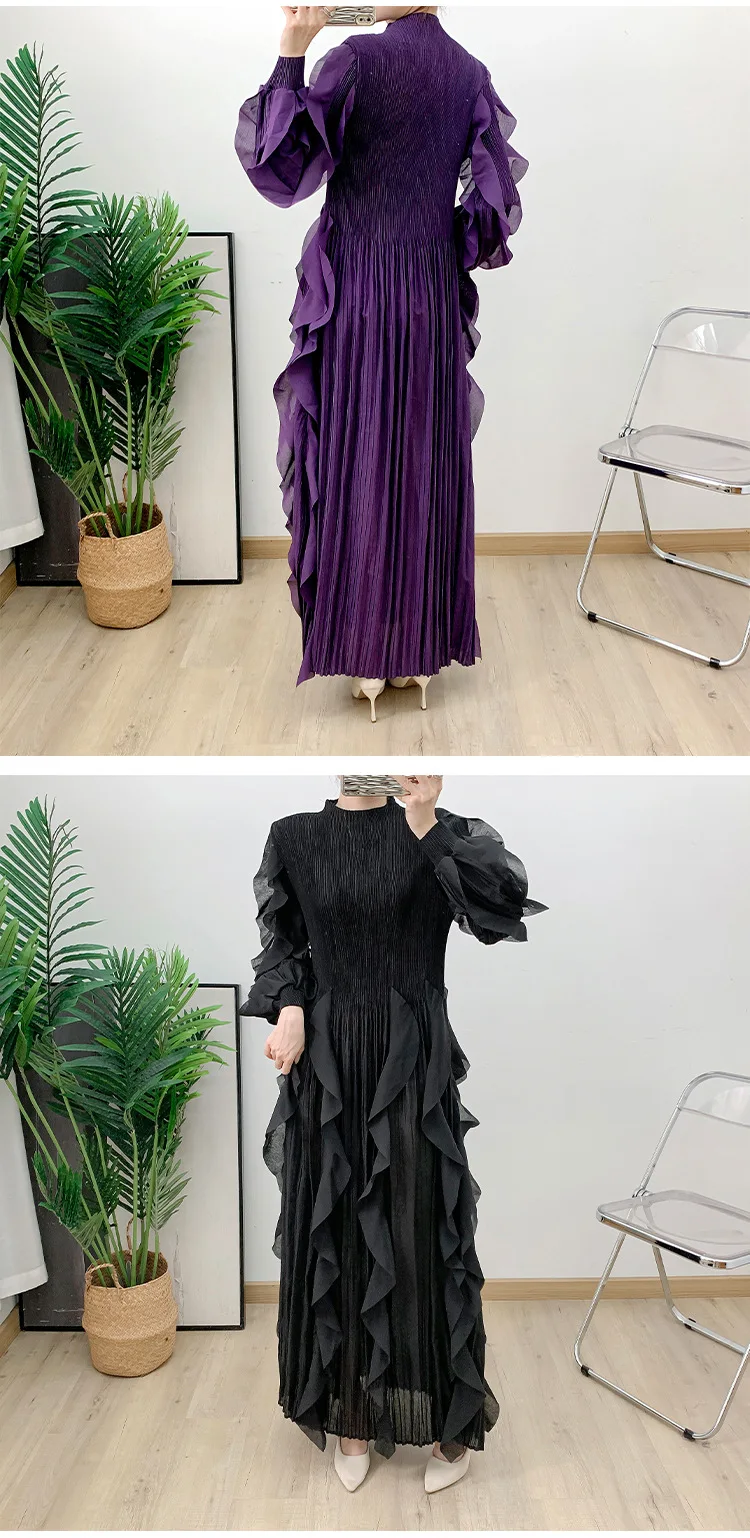 Fashion Ruffles Pleated Dress Women Round Neck Flare Sleeves Solid Maxi Belt Dresses Party 2025 Autumn New