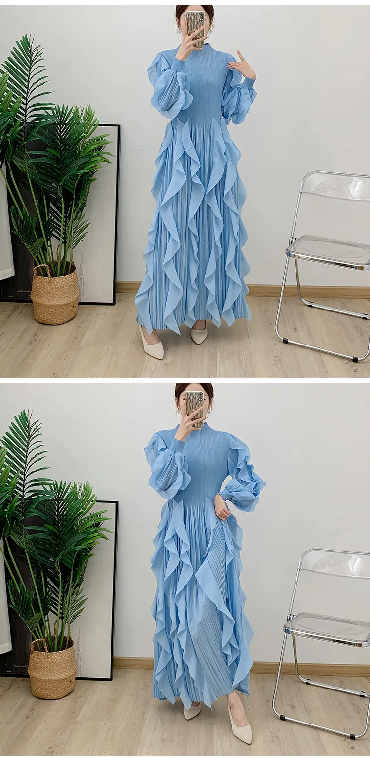 Fashion Ruffles Pleated Dress Women Round Neck Flare Sleeves Solid Maxi Belt Dresses Party 2025 Autumn New