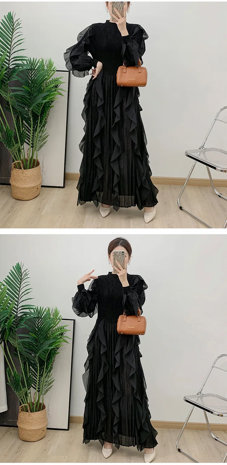 Fashion Ruffles Pleated Dress Women Round Neck Flare Sleeves Solid Maxi Belt Dresses Party 2025 Autumn New