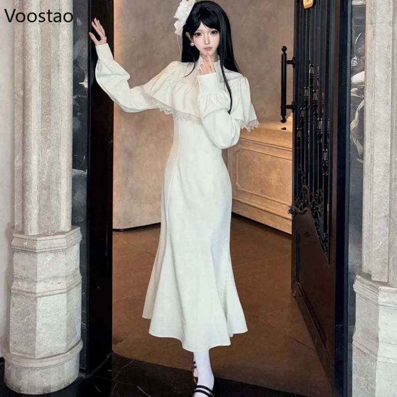 Japanese Style Gothic Y2k Lolita Dress Elegant Women Long Sleeve Lace Ruffles Cape Slim Party Dress Victorian Vintage Punk Dress