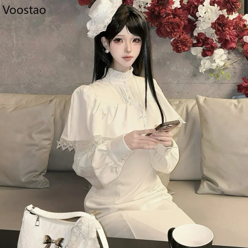 Japanese Style Gothic Y2k Lolita Dress Elegant Women Long Sleeve Lace Ruffles Cape Slim Party Dress Victorian Vintage Punk Dress