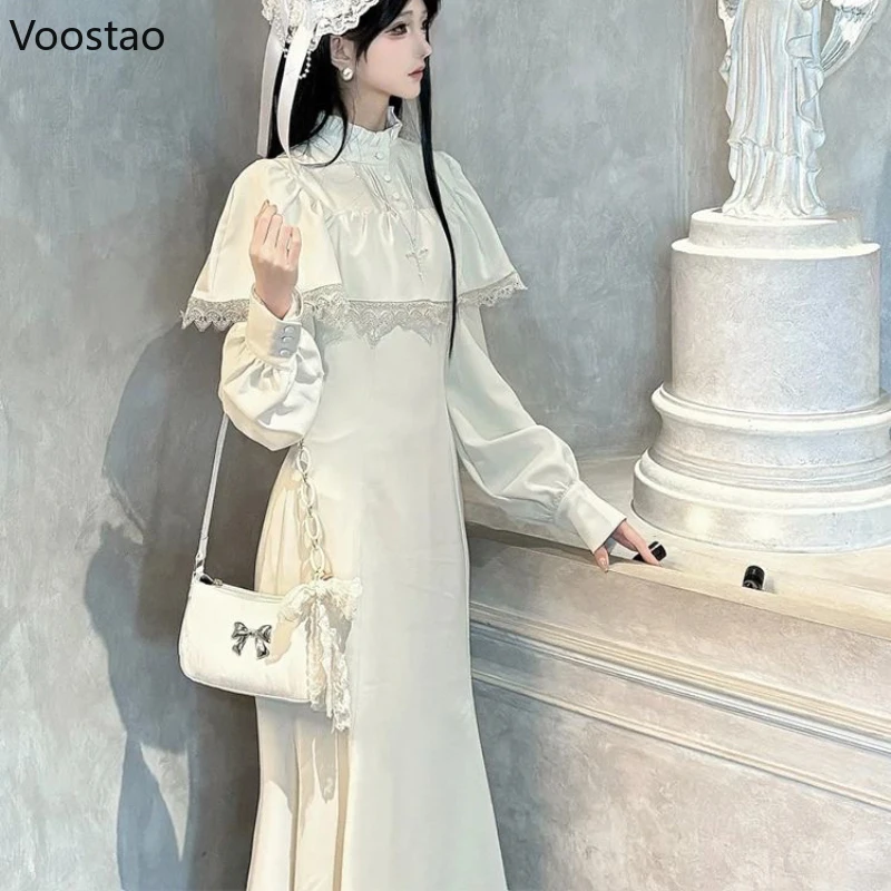 Japanese Style Gothic Y2k Lolita Dress Elegant Women Long Sleeve Lace Ruffles Cape Slim Party Dress Victorian Vintage Punk Dress