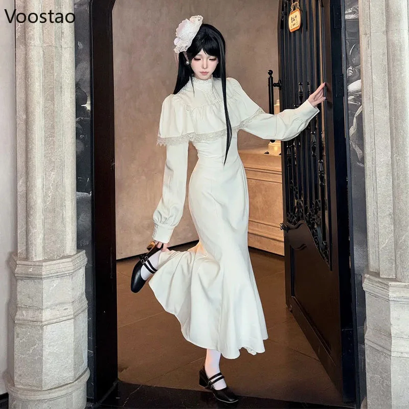 Japanese Style Gothic Y2k Lolita Dress Elegant Women Long Sleeve Lace Ruffles Cape Slim Party Dress Victorian Vintage Punk Dress