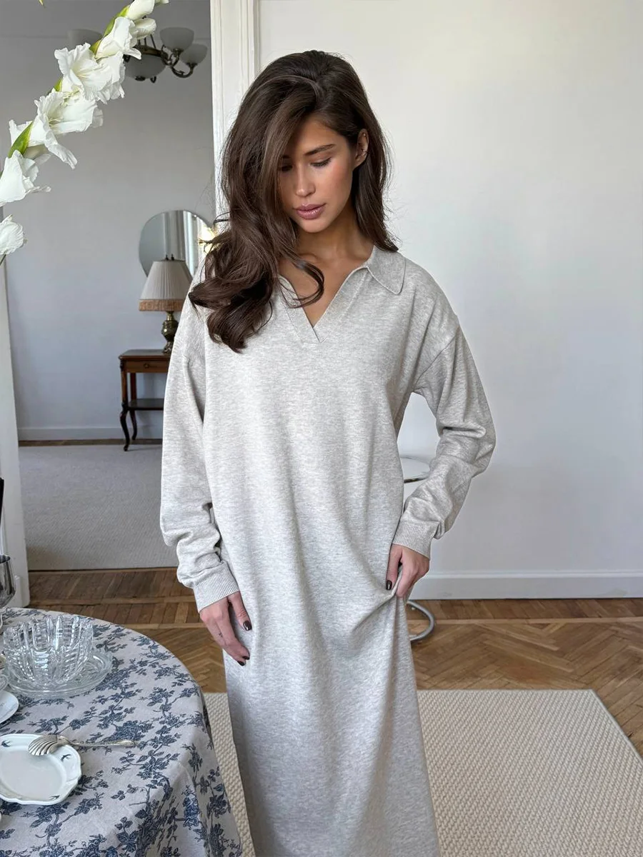 Hirsionsan Long Sleeve Autumn Winter Loose Polo Neck Sweater Dresses Women Soft Elegant Solid Knit Dress Female 2025 New Clothes