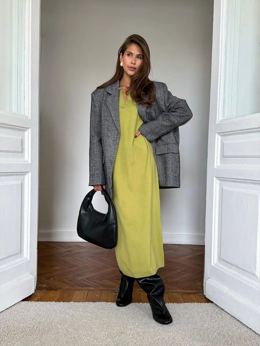 Hirsionsan Long Sleeve Autumn Winter Loose Polo Neck Sweater Dresses Women Soft Elegant Solid Knit Dress Female 2025 New Clothes