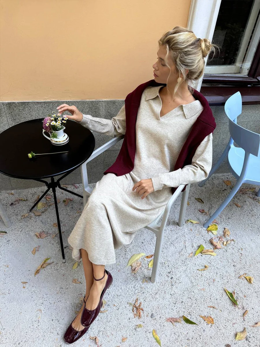 Hirsionsan Long Sleeve Autumn Winter Loose Polo Neck Sweater Dresses Women Soft Elegant Solid Knit Dress Female 2025 New Clothes