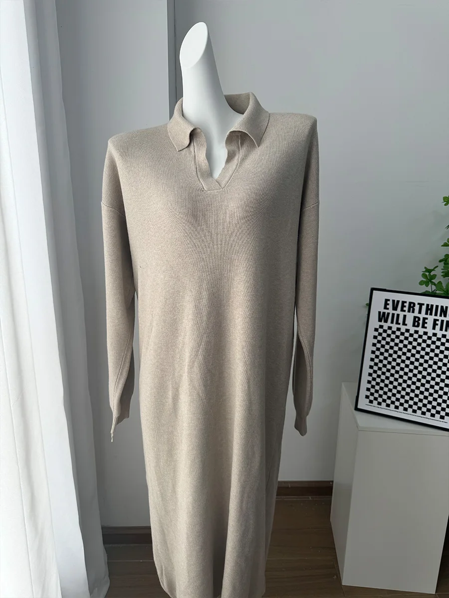 Hirsionsan Long Sleeve Autumn Winter Loose Polo Neck Sweater Dresses Women Soft Elegant Solid Knit Dress Female 2025 New Clothes