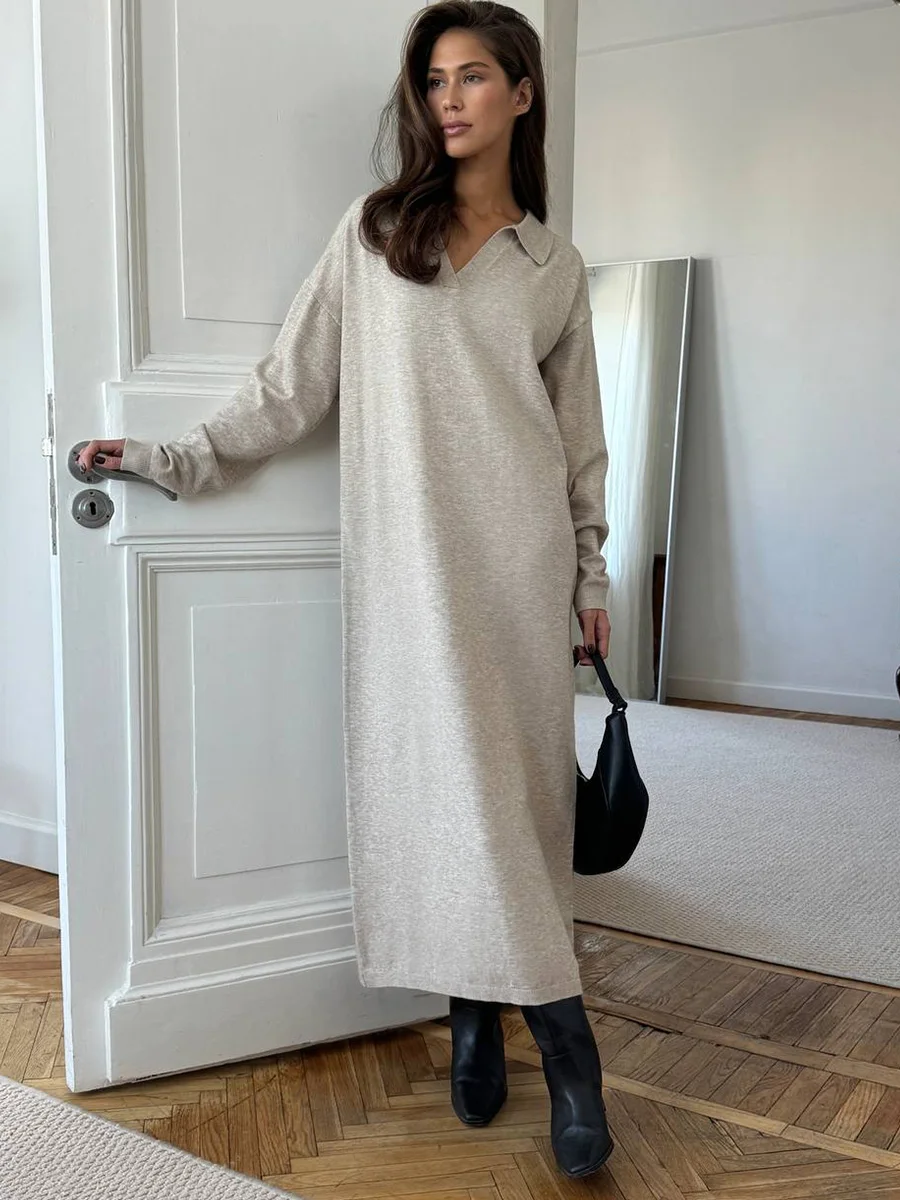 Hirsionsan Long Sleeve Autumn Winter Loose Polo Neck Sweater Dresses Women Soft Elegant Solid Knit Dress Female 2025 New Clothes