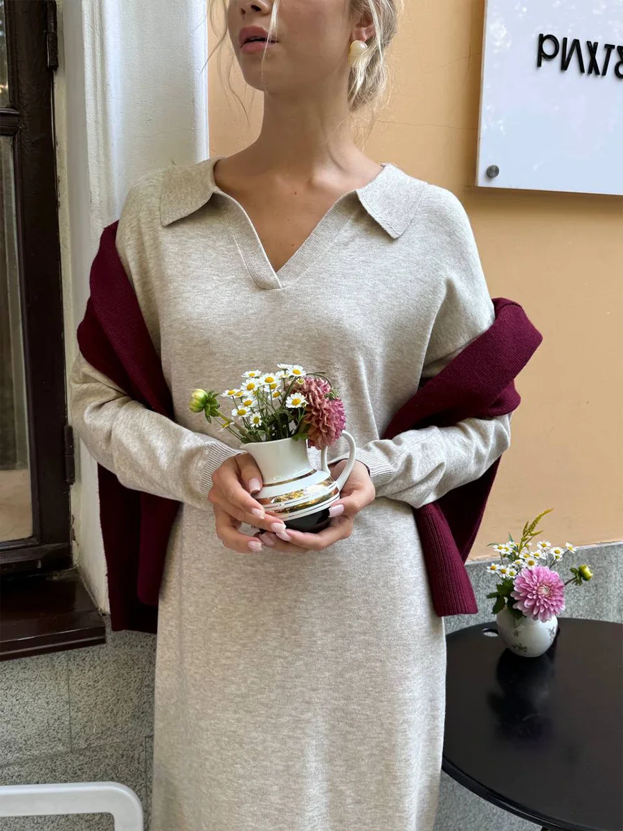 Hirsionsan Long Sleeve Autumn Winter Loose Polo Neck Sweater Dresses Women Soft Elegant Solid Knit Dress Female 2025 New Clothes