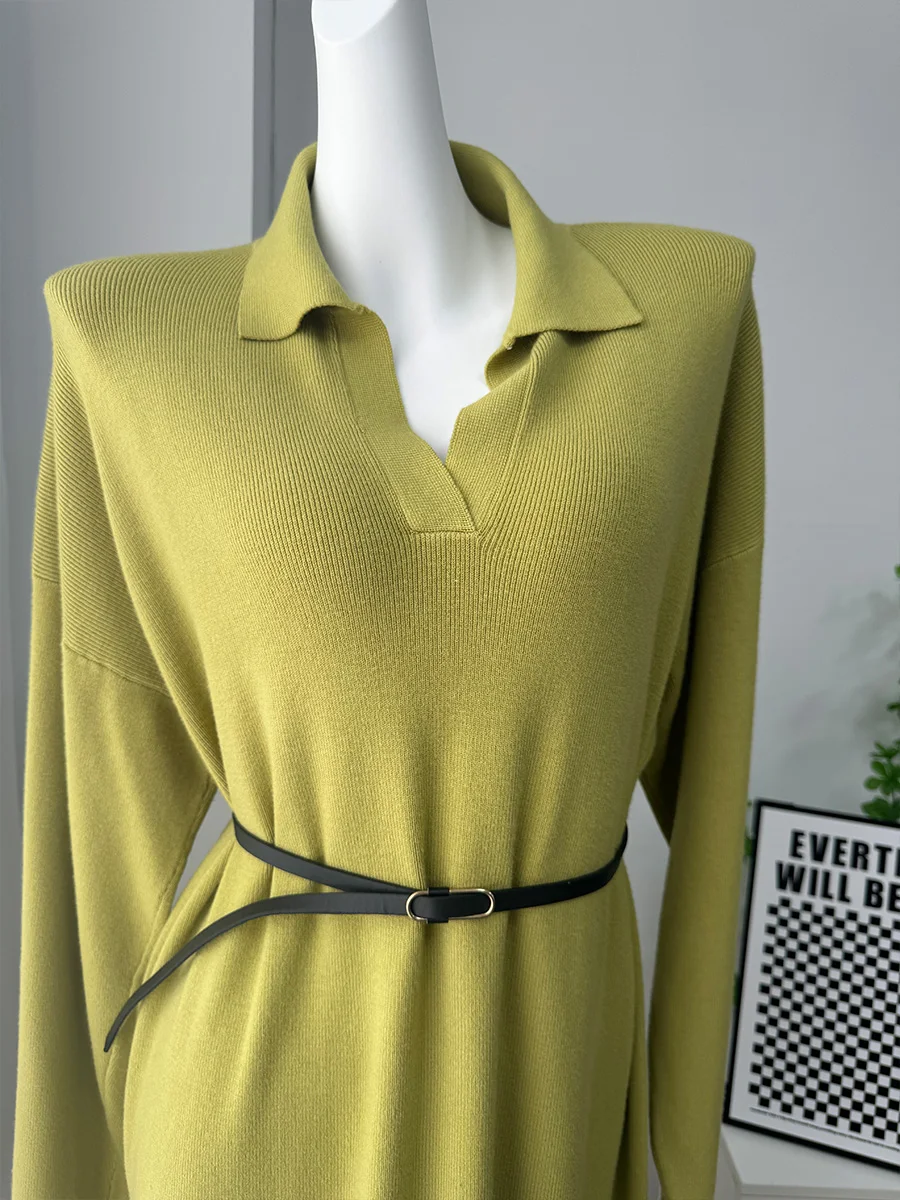 Hirsionsan Long Sleeve Autumn Winter Loose Polo Neck Sweater Dresses Women Soft Elegant Solid Knit Dress Female 2025 New Clothes