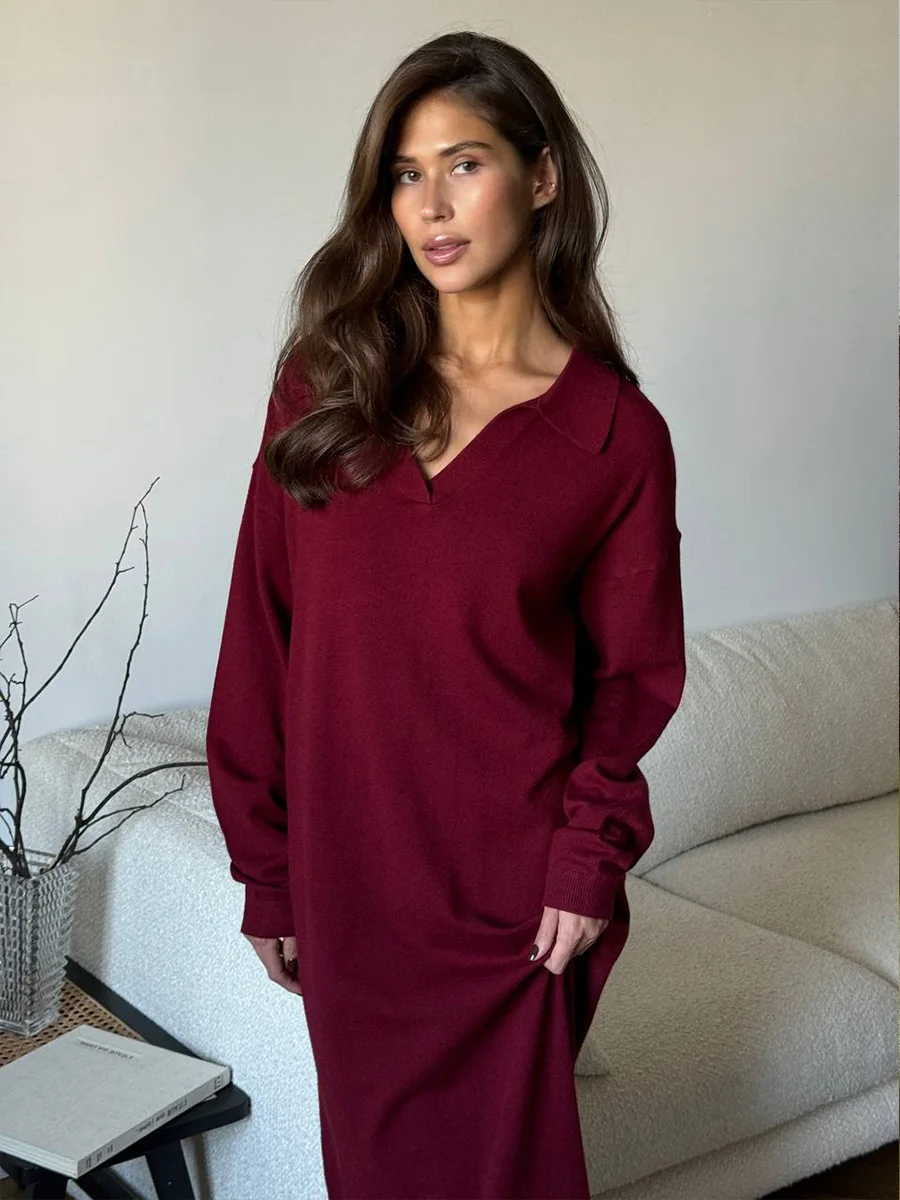 Hirsionsan Long Sleeve Autumn Winter Loose Polo Neck Sweater Dresses Women Soft Elegant Solid Knit Dress Female 2025 New Clothes