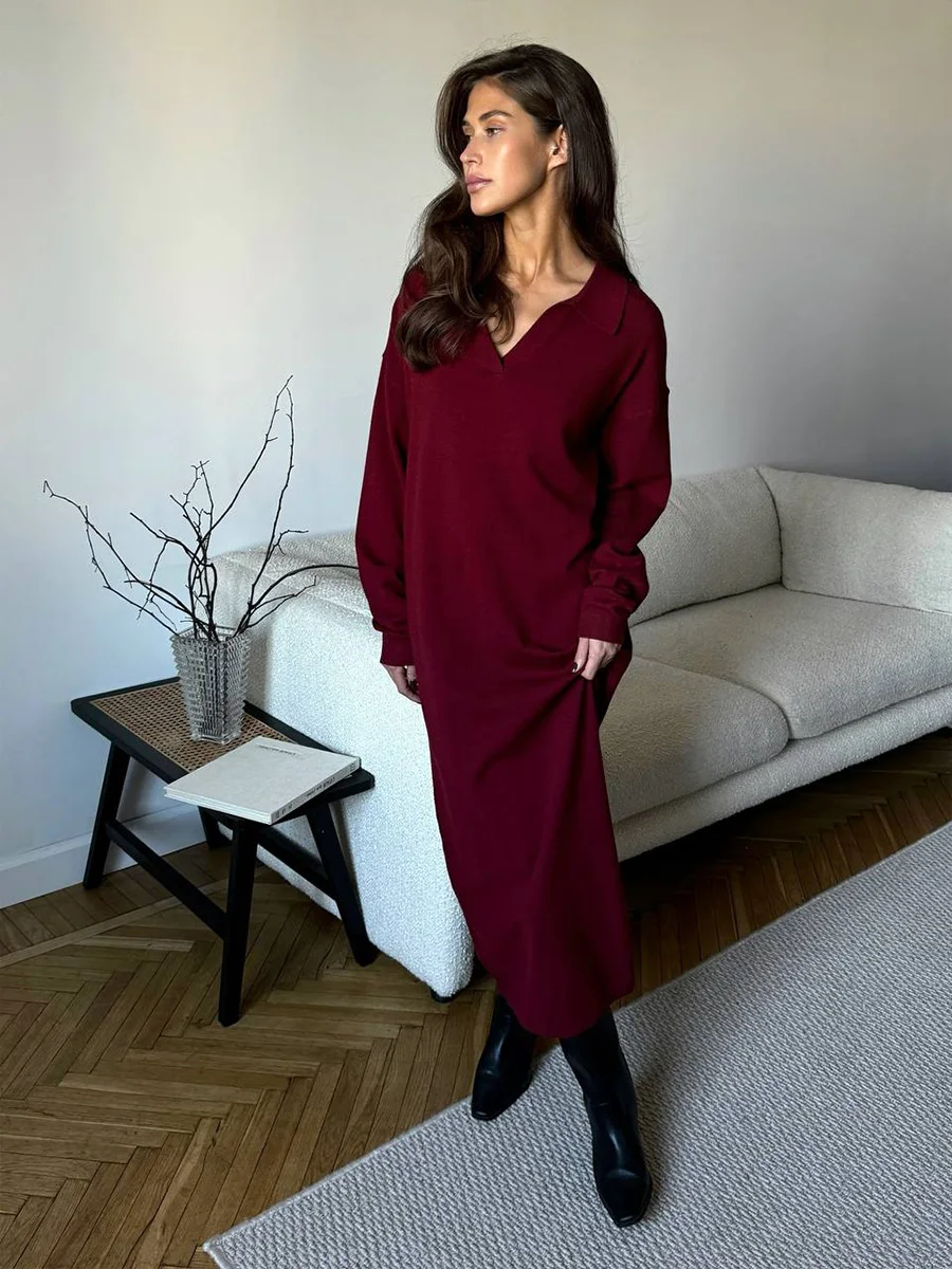 Hirsionsan Long Sleeve Autumn Winter Loose Polo Neck Sweater Dresses Women Soft Elegant Solid Knit Dress Female 2025 New Clothes