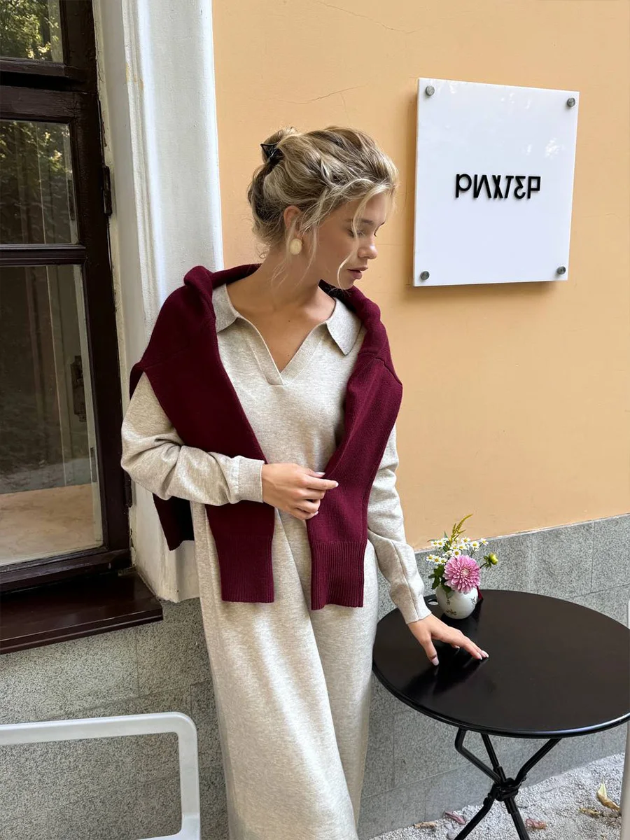 Hirsionsan Long Sleeve Autumn Winter Loose Polo Neck Sweater Dresses Women Soft Elegant Solid Knit Dress Female 2025 New Clothes