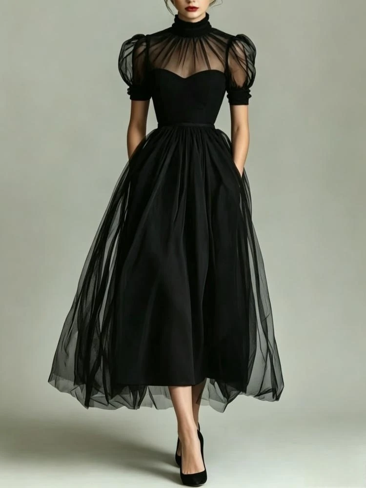 Elegant Black Tulle Prom Dress for Women High Neck Sheer Puff Sleeve A Line Slim Midi Dress Formal Cocktail Party Evening Gown