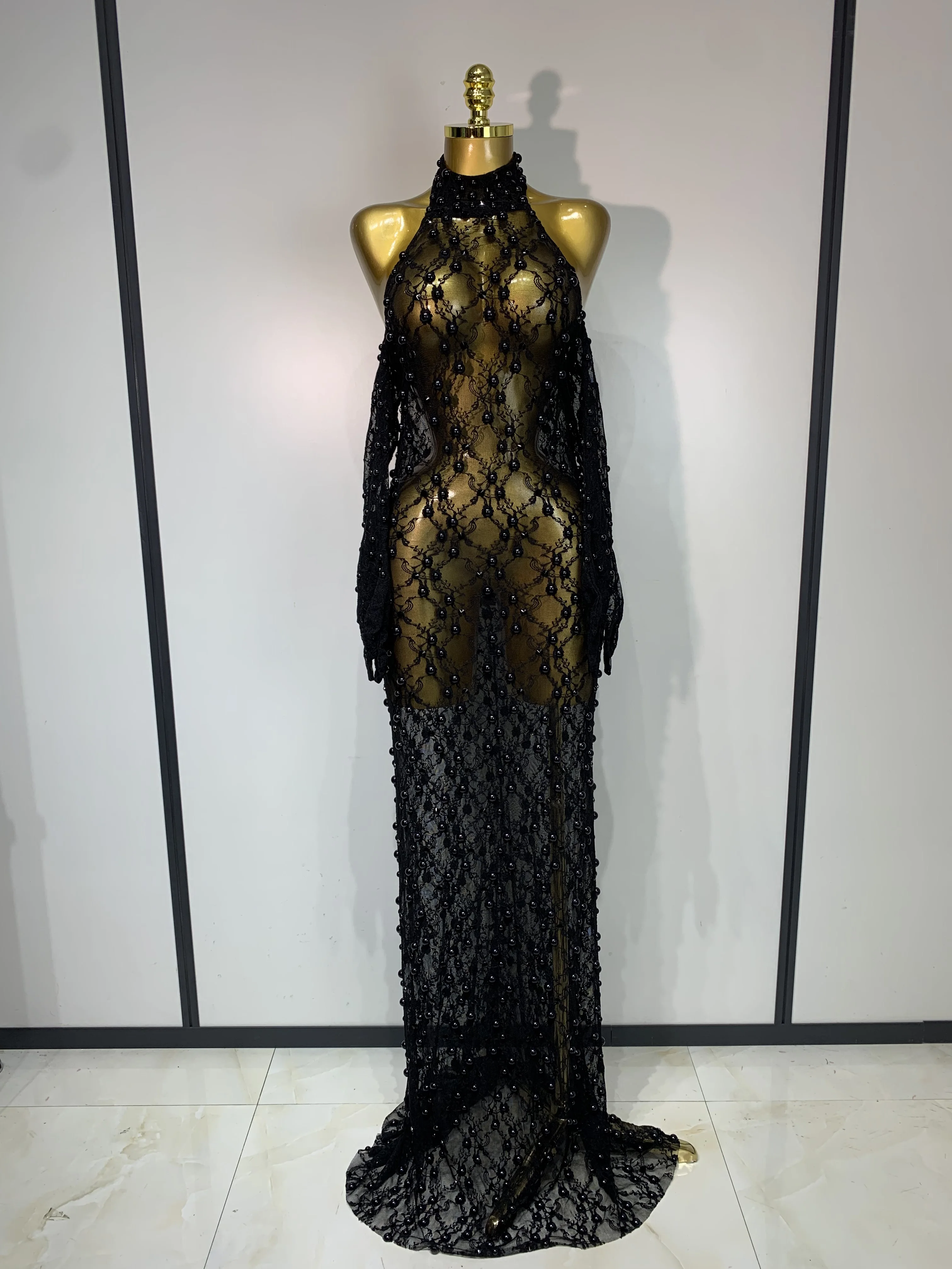 Women Luxury Black Pearls Lace Backless See Through Long Dress With Gloves Evening Club Party Celebrity Elegant Stage Costume