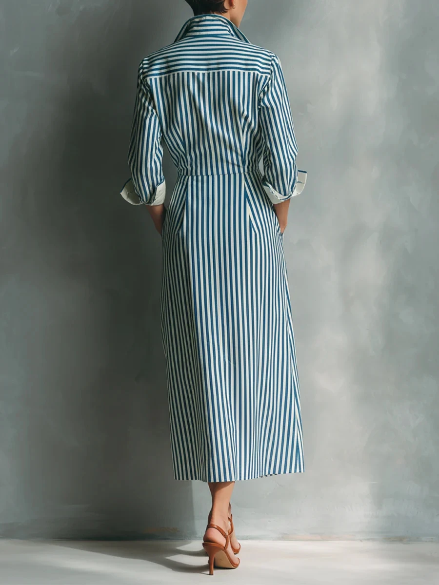 Elegant Striped Print Shirt Dress for Women Casual Turn Down Collar Color Blocking Pocket Long Dresses New Trendy Graceful Robe