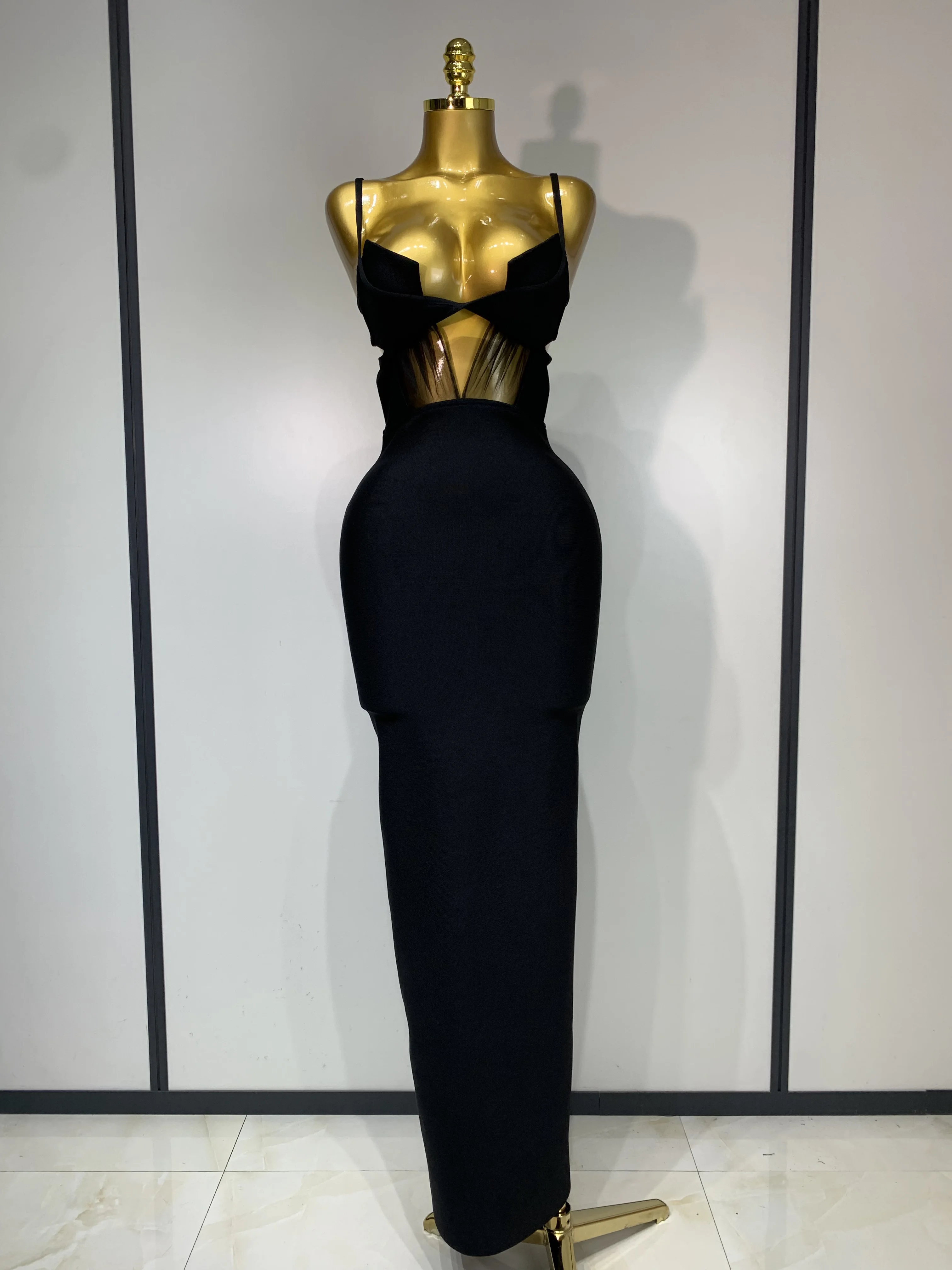 Fashion Black Spaghetti Strap Maxi Long Bandage Dress Mesh Cut Out Elegant Celebirty Bodycon Evening Club Party Birthday Dresses