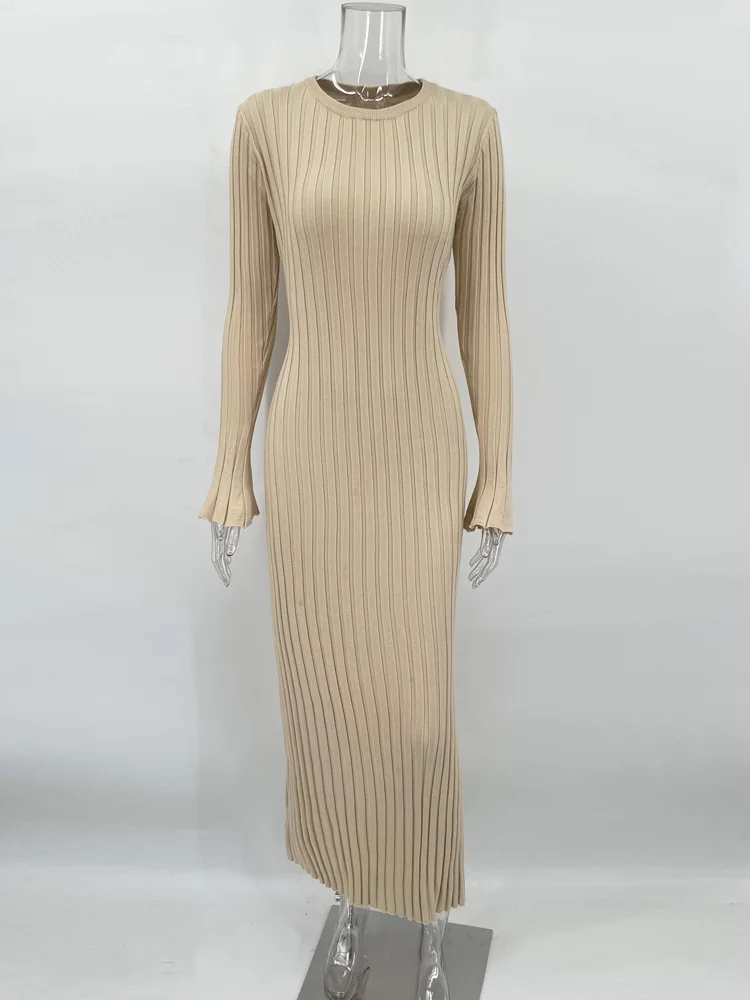 Tossy Lace-Up Female Knit Maxi Dress Autumn High Waist Fashion Patchwork Long Sleeve Loose Solid Dress Bandage Knitwear Dress