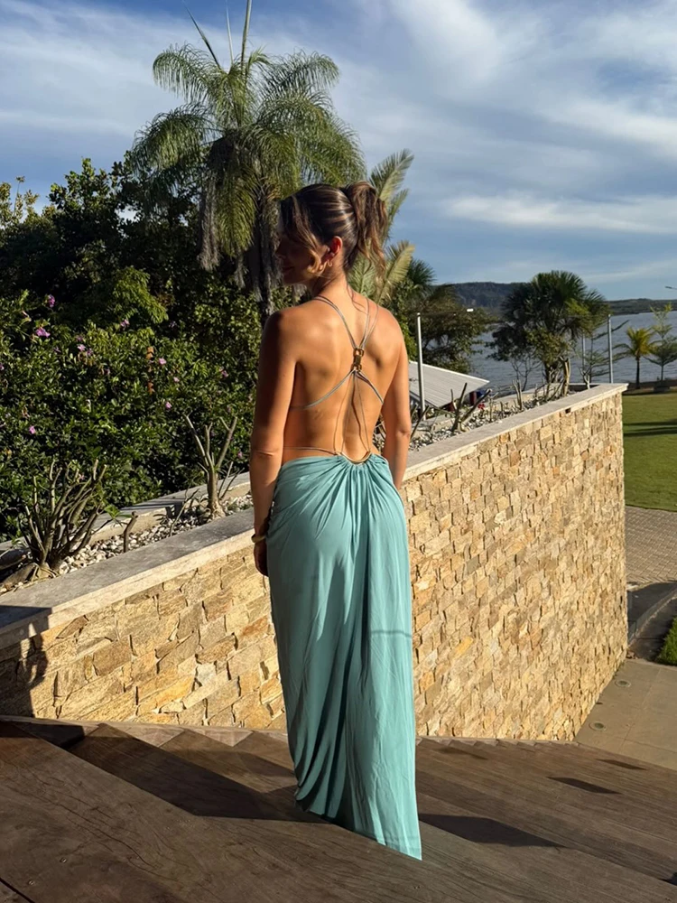 Sexy Women Dress Hollow Sleeveless Deep V Neck Big Backless Hip Package Long Dresses Elegant Summer New Beach Holiday Robes Lady