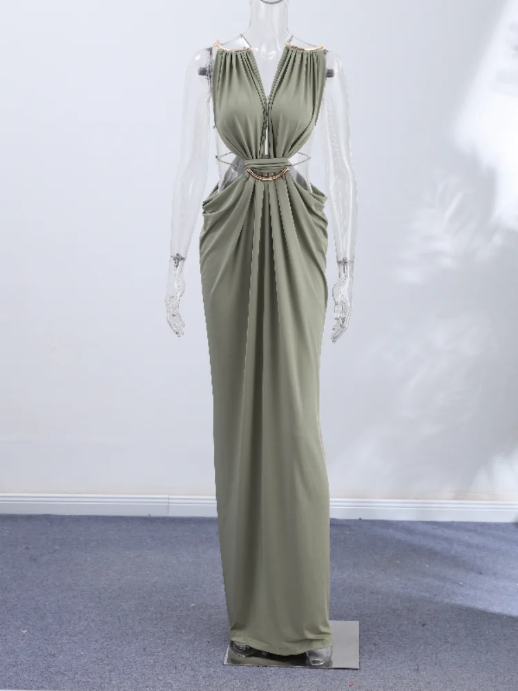 Sexy Women Dress Hollow Sleeveless Deep V Neck Big Backless Hip Package Long Dresses Elegant Summer New Beach Holiday Robes Lady