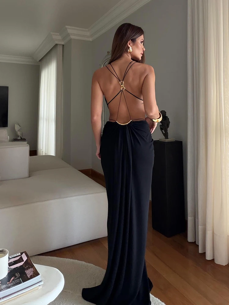 Sexy Women Dress Hollow Sleeveless Deep V Neck Big Backless Hip Package Long Dresses Elegant Summer New Beach Holiday Robes Lady