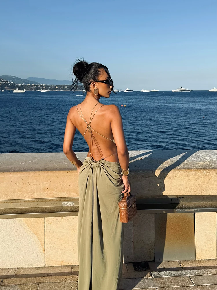 Sexy Women Dress Hollow Sleeveless Deep V Neck Big Backless Hip Package Long Dresses Elegant Summer New Beach Holiday Robes Lady