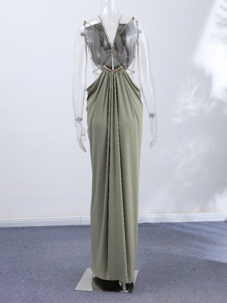 Sexy Women Dress Hollow Sleeveless Deep V Neck Big Backless Hip Package Long Dresses Elegant Summer New Beach Holiday Robes Lady