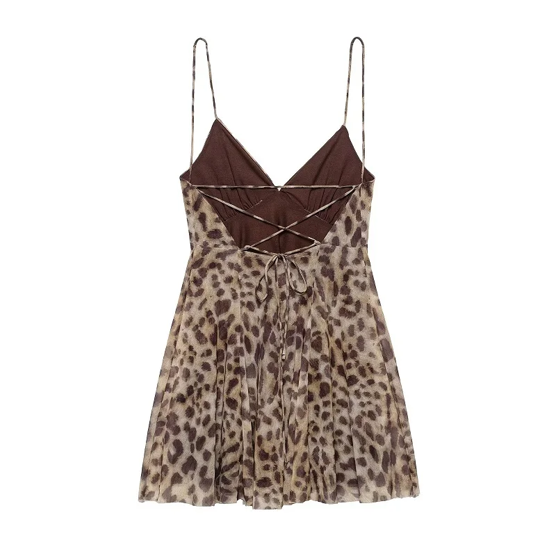 MUJER 2026 Tulle Mini Dress Woman Leopard Print Slip Dress Women Sexy Backless Short Dresses for Women Draped Party Dresses