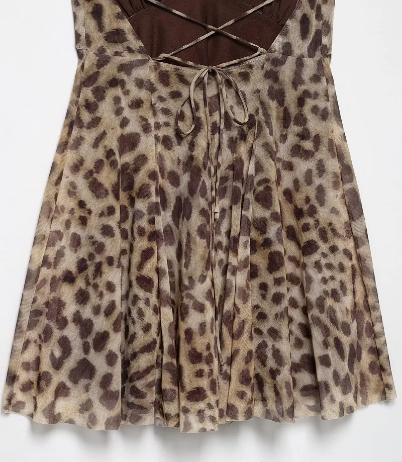 MUJER 2026 Tulle Mini Dress Woman Leopard Print Slip Dress Women Sexy Backless Short Dresses for Women Draped Party Dresses