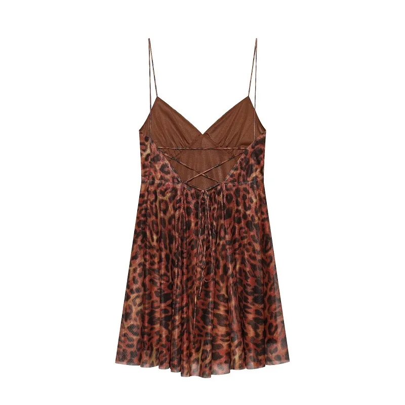 MUJER 2026 Tulle Mini Dress Woman Leopard Print Slip Dress Women Sexy Backless Short Dresses for Women Draped Party Dresses