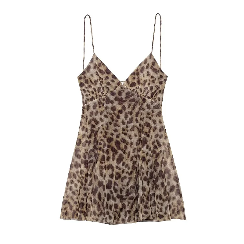 MUJER 2026 Tulle Mini Dress Woman Leopard Print Slip Dress Women Sexy Backless Short Dresses for Women Draped Party Dresses