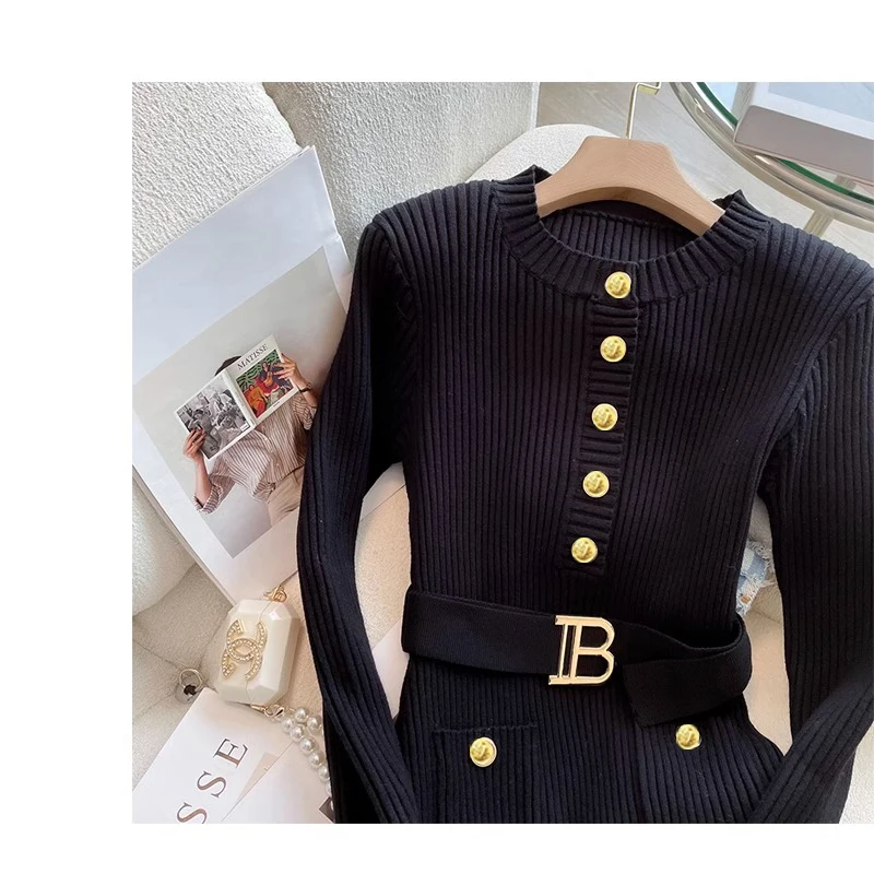 YuooMuoo 2026 Autumn Winter Women Knitted Dress Brand Fashion O-neck Buttons Bodycon Sweater Dress with Belt Lady Office Dress