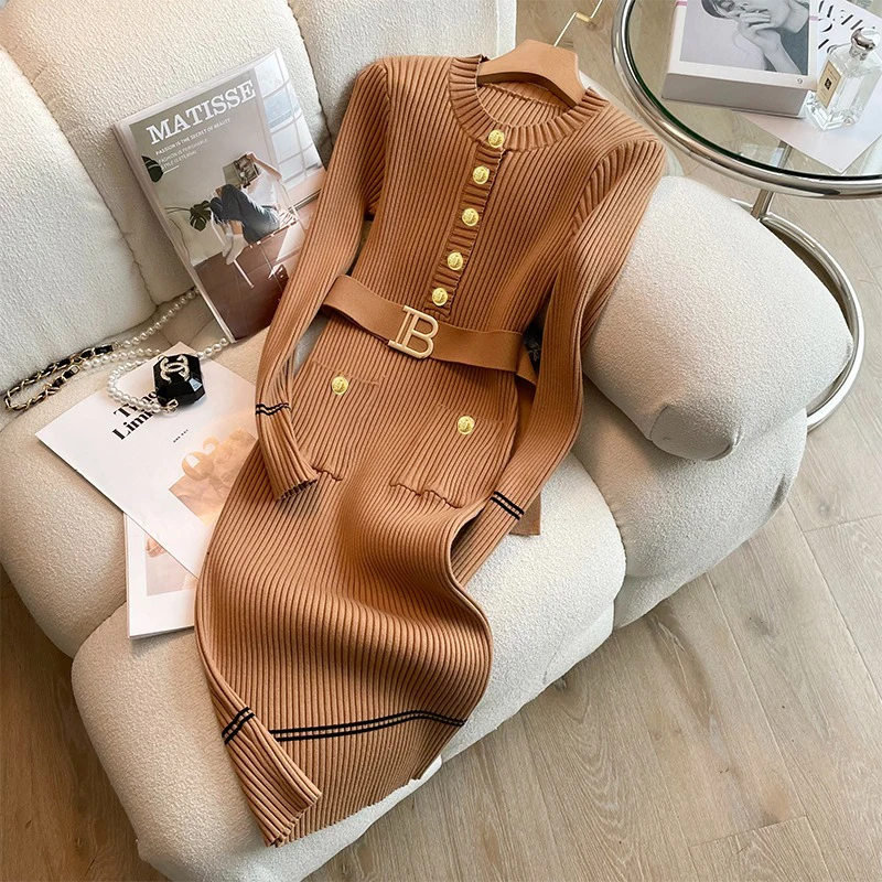 YuooMuoo 2026 Autumn Winter Women Knitted Dress Brand Fashion O-neck Buttons Bodycon Sweater Dress with Belt Lady Office Dress