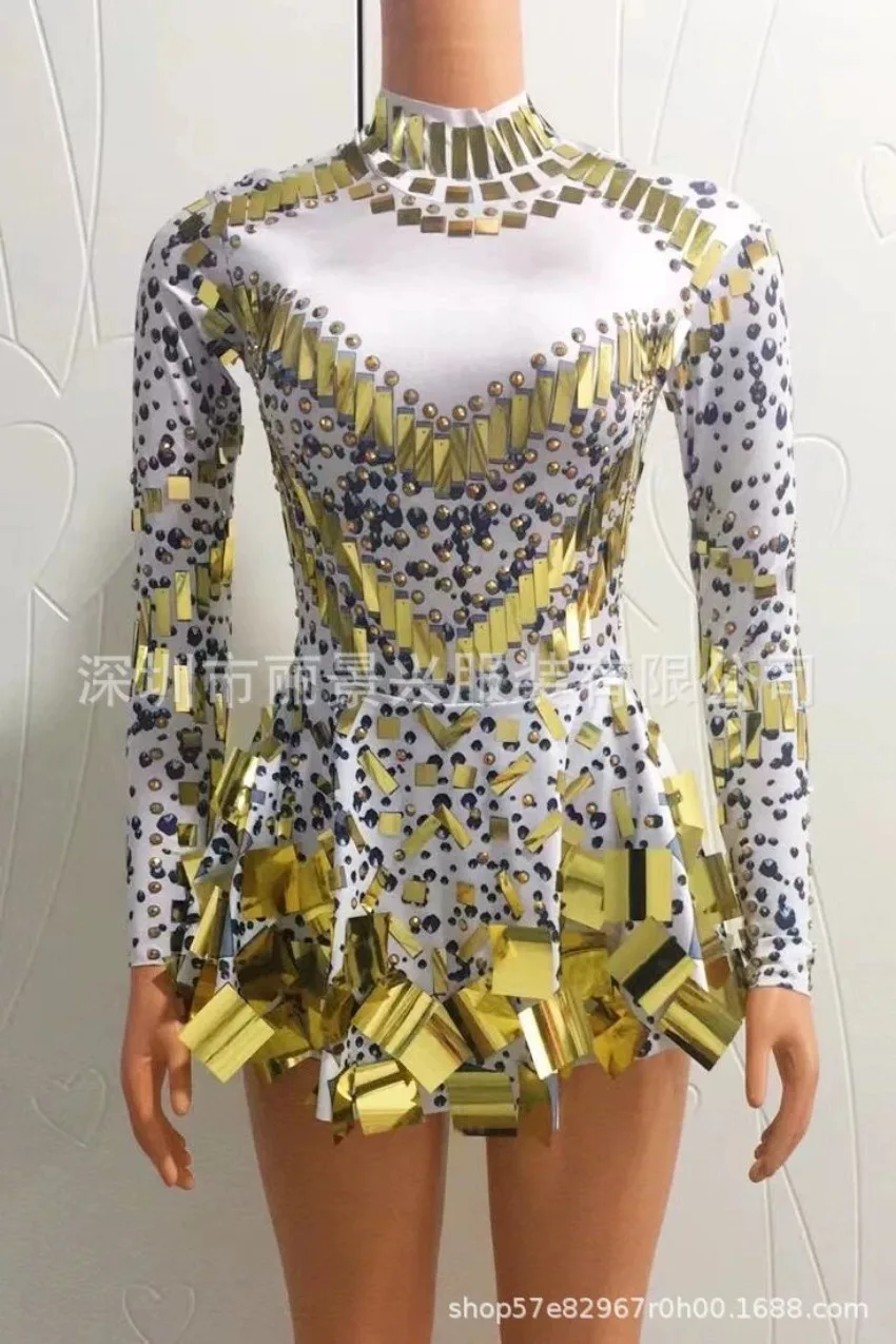 Fashion Stretch Sequins Mirror Dress Women Bodysuit Dancewear Long Sleeve Drag Queen Costume Rave Festival Night Out BodySuits