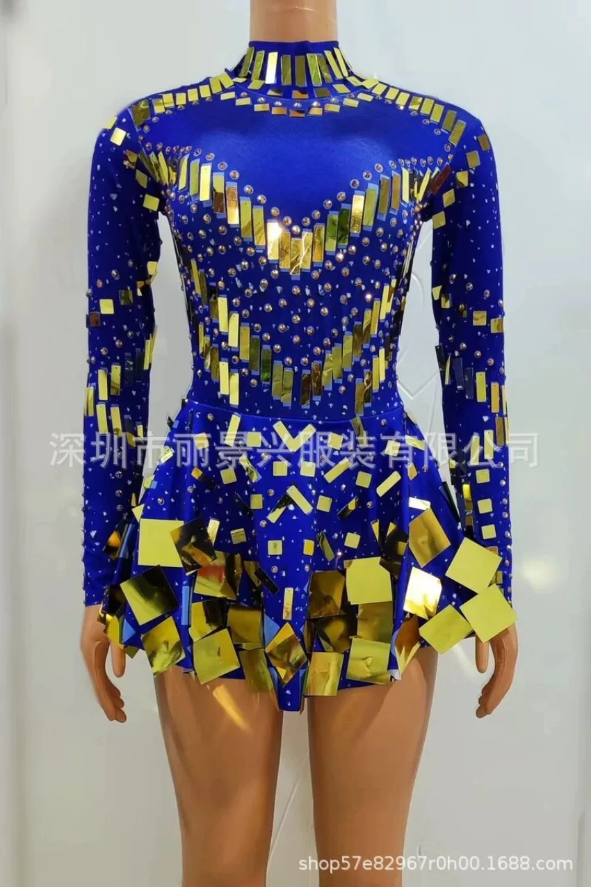 Fashion Stretch Sequins Mirror Dress Women Bodysuit Dancewear Long Sleeve Drag Queen Costume Rave Festival Night Out BodySuits